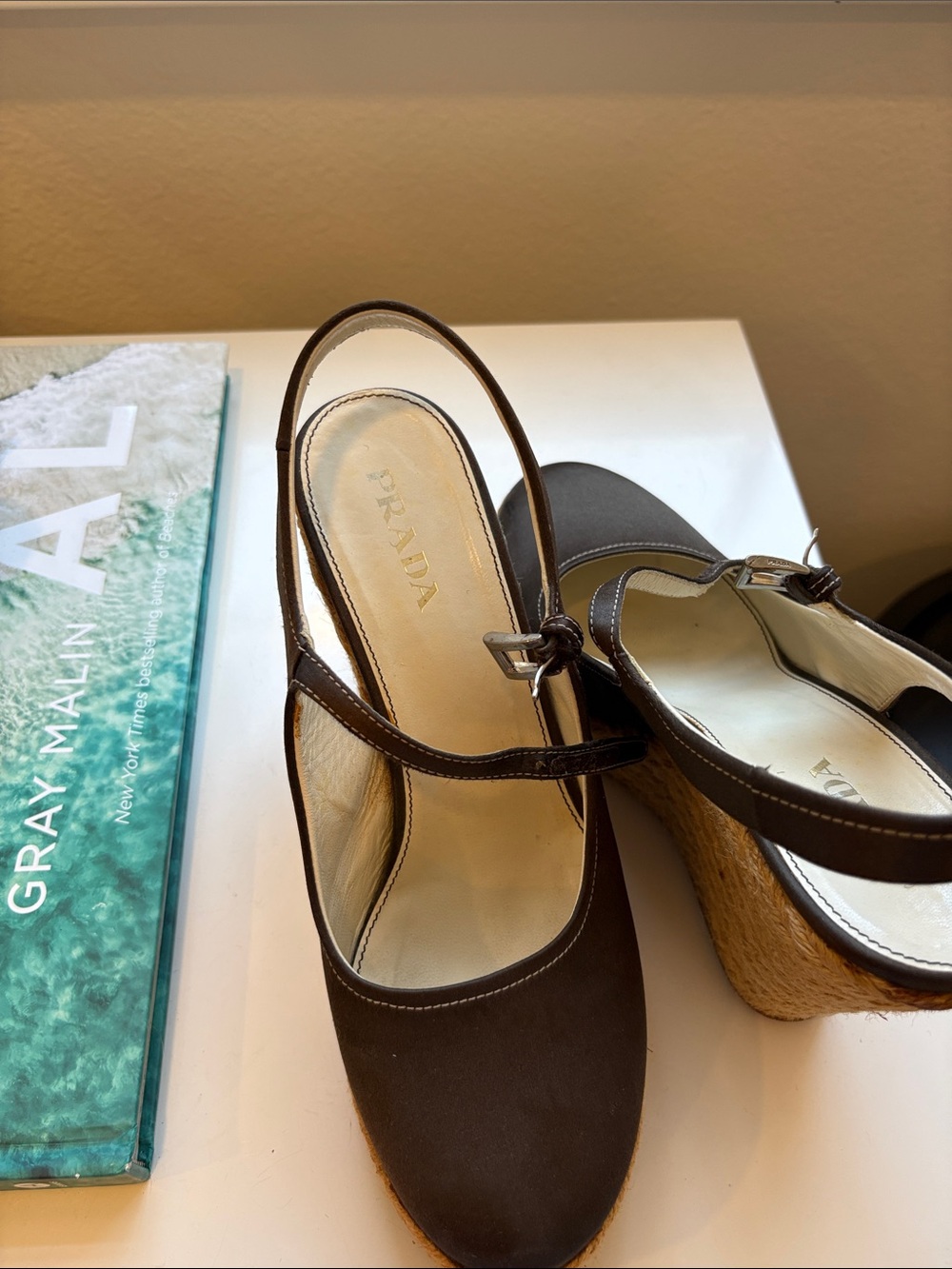 Prada Dark Brown Espadrille Wedge Slingback